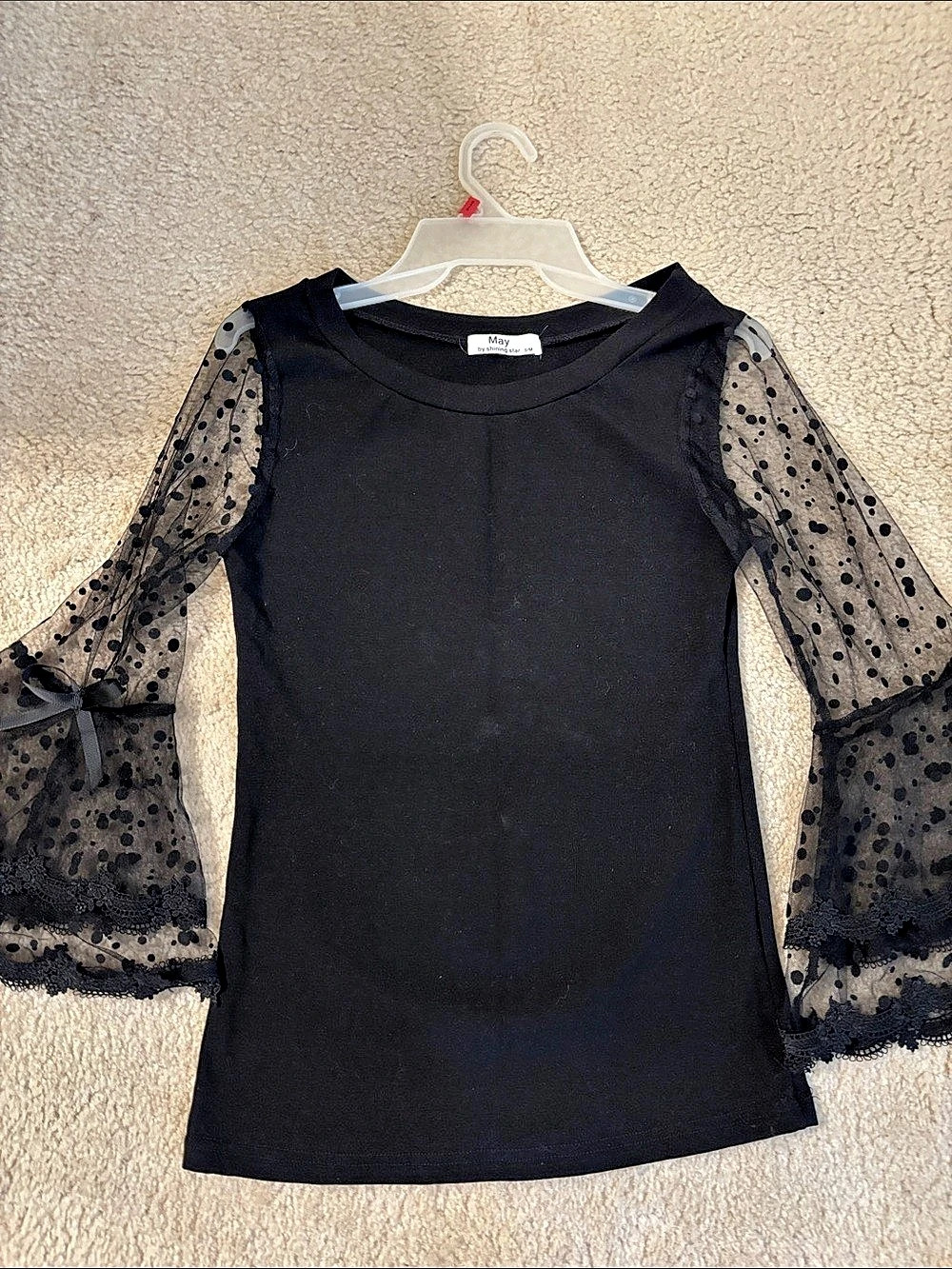 New! May by Shining Star Black Polka Dot Bell Sleeve Top Size S/M
